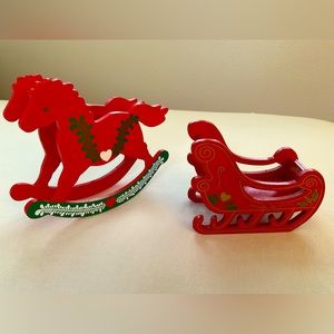 Vintage Wooden Christmas Decor - Rocking Horse and Sleigh in Holiday Colors EVC